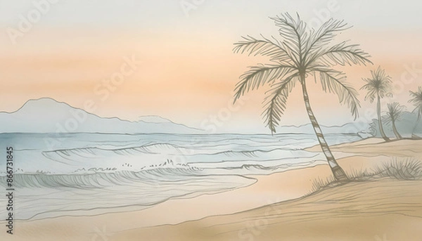 Fototapeta Vintage seascape and coconut tree on sand in the early evening on digital art concept, Generative AI.