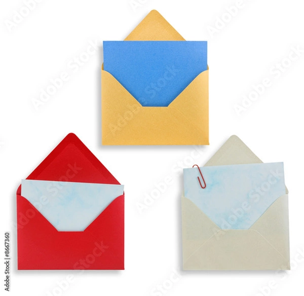 Fototapeta Assorted open envelopes isolated, path provided.