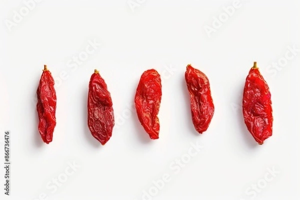 Fototapeta A row of red peppers siting on a white surface, perfect for food or kitchen related images