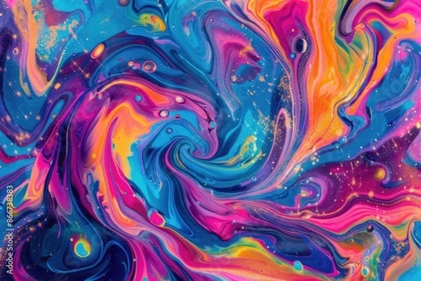 Fototapeta A vibrant and abstract design featuring swirling shapes in bright colors against a calming blue backdrop