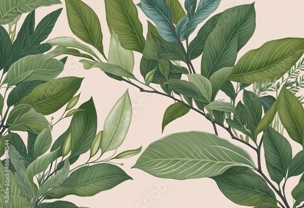 Fototapeta Abstract black and white tropical plant pattern featuring soft blue silhouettes in beautiful illustration