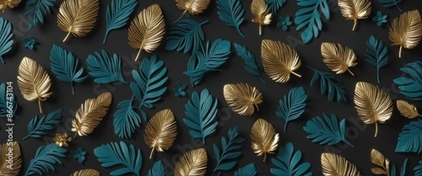 Fototapeta Elegant black background with 3D abstract composition of turquoise and gold leaves offering a modern and luxurious showcase