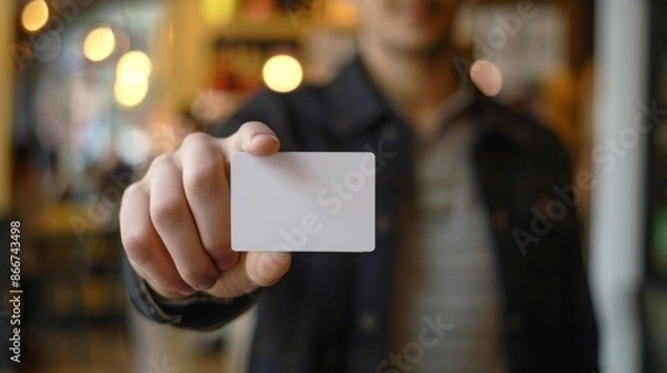 Obraz Man holding a blank white card in a café, business and contact concept