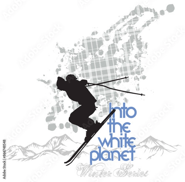 Fototapeta Skier silhouette illustration with mountains and lettering in the background.