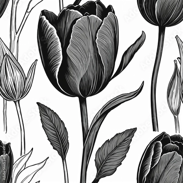 Fototapeta Linear floral vector illustration with tulips and leaves on a seamless white background