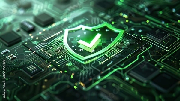 Fototapeta Digital security shield icon on a circuit board background. Printed circuit board. Technology background. 3D illustration. PCB, Code, HTML. AI generated illustration