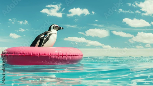 Fototapeta  Penguin Floating on a Pink Inflatable Ring