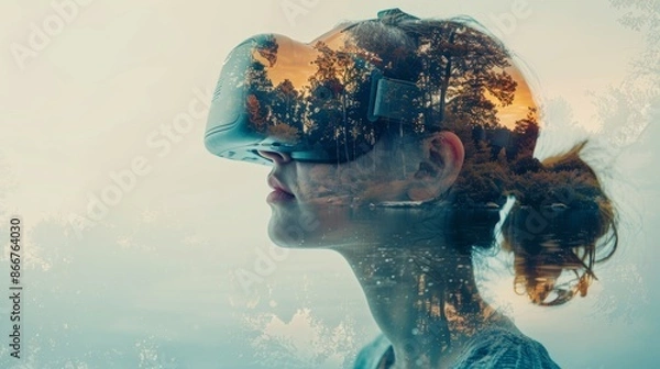 Fototapeta A woman wearing a VR headset with a cityscape superimposed over her face, symbolizing the merging of reality and virtual worlds.