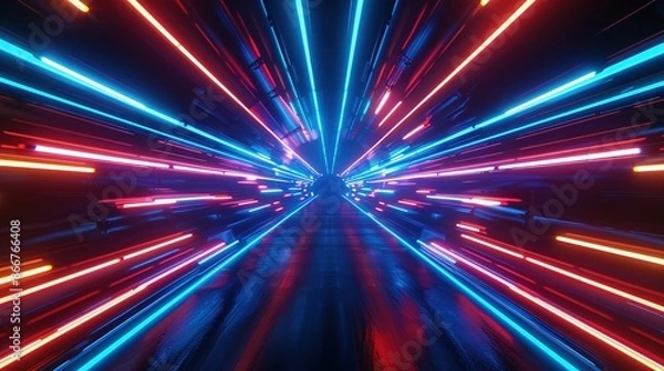 Fototapeta Rays of neon light, colorful glowing lines in space tunnel on black background. 3D render of glowing streaks in the style of high speed time travel concept. Futuristic sci fi design and digital art