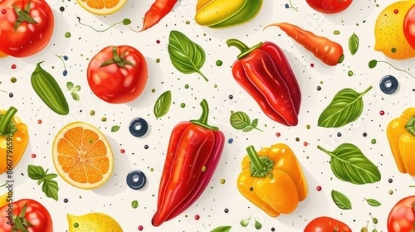 Fototapeta Vibrant Fresh Vegetables and Fruits Pattern with Peppers, Tomatoes, and Citrus