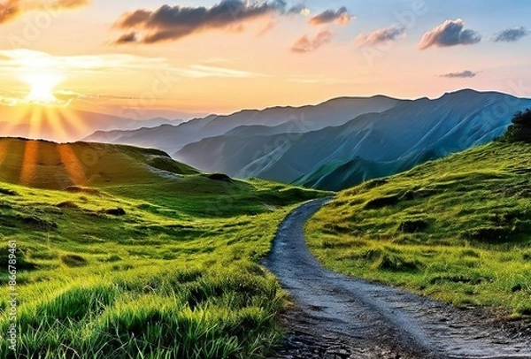 Fototapeta Path Through Rolling Hills at Sunrise