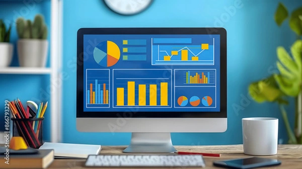Fototapeta a computer monitor with a graph showing the graphs and charts. Blue background