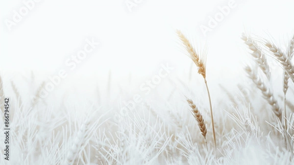 Fototapeta Closeup of wheat ears in a frosty morning, ideal for agriculture, nature, and winter themes.