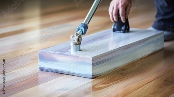 Fototapeta Renovating parquet floors  applying second coat of varnish with roller for a glossy finish