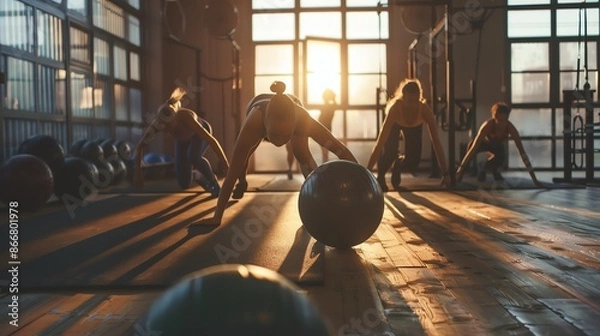Obraz A group of women in a fitness class are doing a core workout with exercise balls. They are all wearing sportswear and are working hard.