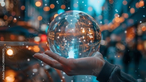 Obraz A hand holding a crystal ball with a glowing city inside. The background is a blurred city street with bokeh lights.