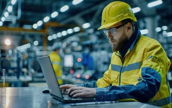 Fototapeta A factory engineer wearing a hard hat and safety glasses uses a laptop computer while standing in a modern industrial setting