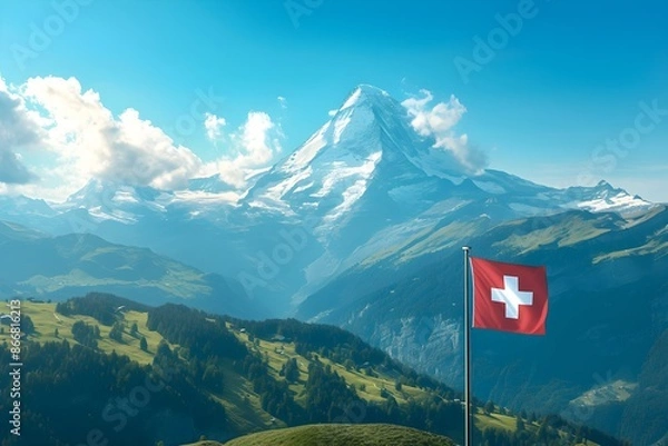 Fototapeta Flag of Switzerland with mountains on background. Panorama landscape with waving red Swiss flag. Swiss National Day. Travel, vacation and tourism concept