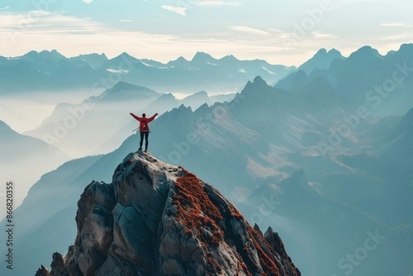 Obraz A person standing on a mountain peak, arms raised in triumph with a look of accomplishment,