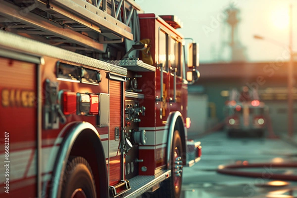 Obraz A fire truck parked at a fire station with another fire truck in the background during a sunny day