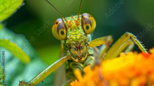 Fototapeta A close-up of a grasshopper sitting on a delicate flower showing their extraordinary beauty.