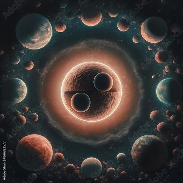 Fototapeta A backdrop of a moon system with planets and stars,  Cosmos, stars, planets continuous backdrop, others covered in lush greenery, The planets are diverse