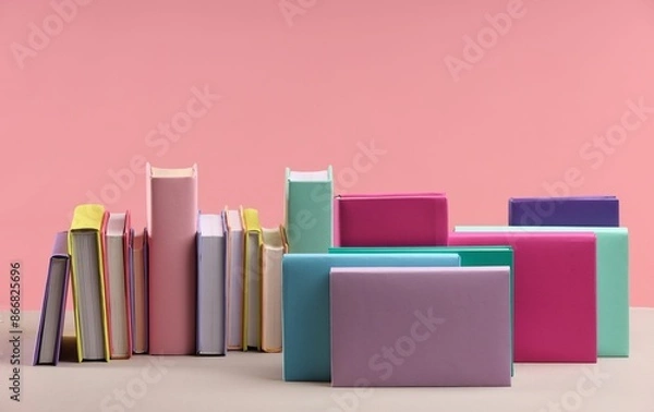 Fototapeta Many colorful books on beige table against pink background, space for text