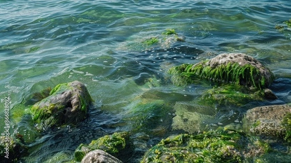 Fototapeta Rock covered in green mossy algae on the surface of shallow marine waters