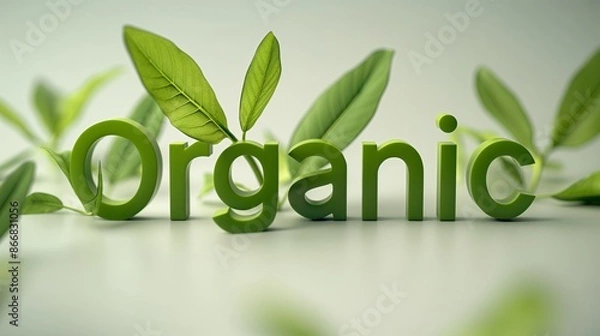Fototapeta Elegant and simple “Organic” display in sleek green letters with a small leaf icon. Minimalistic style, bright and light, isolated on a white background with perfect white balance for clarity.