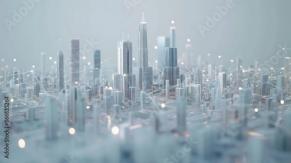 Fototapeta Modern city skyline with smart infrastructure and interconnected buildings displayed on a minimalist white background, emphasizing the role of technology in shaping urban environments, in realistic