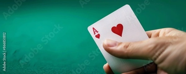 Obraz Hand holding ace of hearts playing card with green background