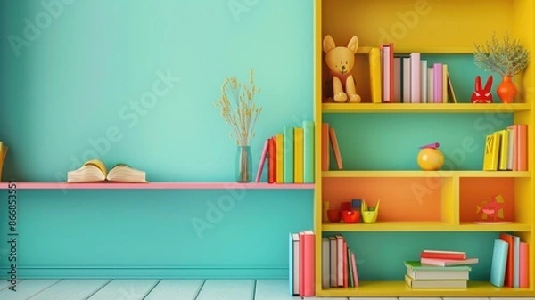 Fototapeta Colorful children's bookshelf with books and toys.