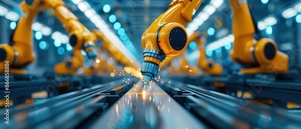 Obraz Robotic Assembly Line, Automated robotic arms working in factory, Industrial automation