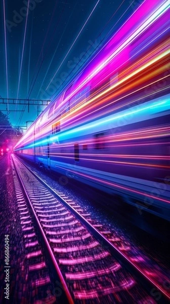 Fototapeta High-speed train with neon lights on tracks at night, futuristic motion blur. Transportation technology concept