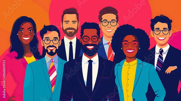 Fototapeta Business symposium on innovation ethics and corporate responsibility with visual storytelling and infographic depictions including young smiling professionals from around the world