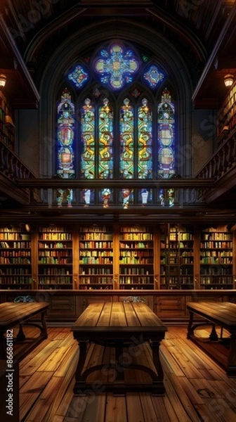 Fototapeta Gothic library interior with stained glass windows