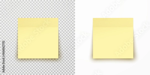 Obraz Post note paper sheet or sticky sticker with shadow isolated on transparent and white  backgrounds. Vector yellow office memo template