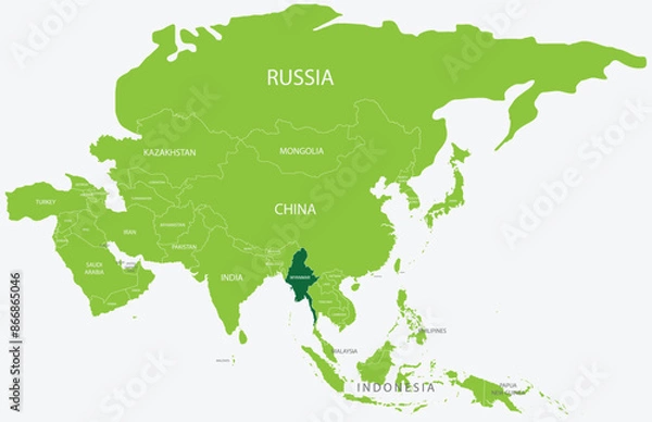 Fototapeta Highlighted green map of MYANMAR inside light green political map of Asia using orthographic projection on light blue background