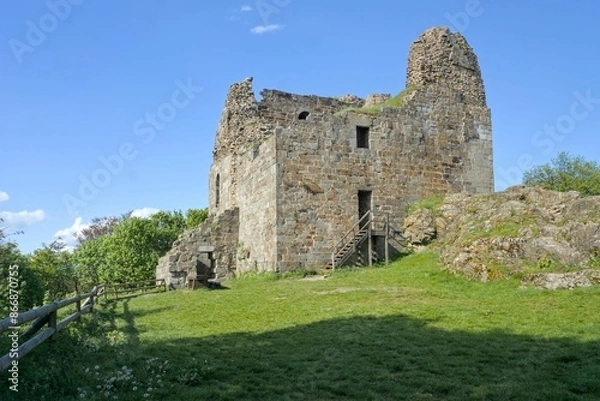 Fototapeta Hrad Přimda stands tall atop a hill, its ancient ruins glowing under a bright blue sky on a summer day.