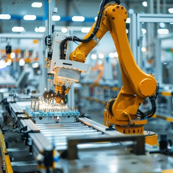 Fototapeta Robotic arm assembling electronic circuit boards in a modern factory, technology and automation concept