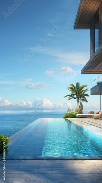 Fototapeta Modern beach house with infinity pool overlooking the ocean, luxury vacation concept