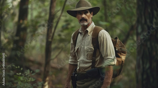 Obraz World Ranger Day. Elderly male ranger in a hat in wild nature, forest
