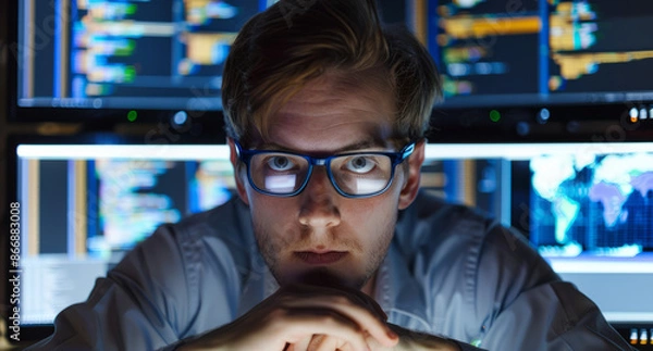 Obraz System Administrator Day. programmer wearing glasses, concentrating on his work, surrounded by screens filled with code. Perfect for tech, programming, and IT professional themes