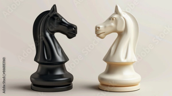 Fototapeta International Chess Day. black and white chess knight piece face each other in a minimalist setup, symbolizing strategy and competition. chess, strategy games, or decision-making concepts