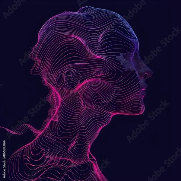 Fototapeta Abstract 3D wireframe portrait of a human head on a dark background. Concept of artificial intelligence, technology, digital art, and consciousness.