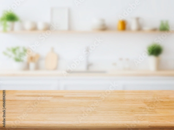 Fototapeta Wood table top on blurred kitchen background. can be used mock up for montage products display or design layout.