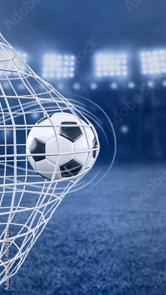 Fototapeta soccer ball in goal net stadium vertical with place for text
