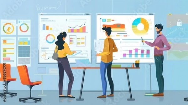 Fototapeta Entrepreneurs collaborating on a new marketing campaign, using digital tools and whiteboards in a creative workspace