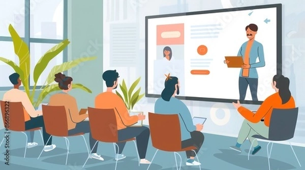 Obraz Employees participating in a virtual wellness workshop, following an instructor on a large screen