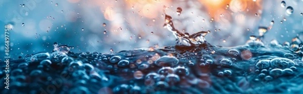 Fototapeta Close-up of water splashes and bubbles with colorful bokeh